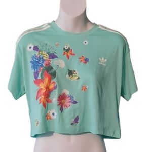 Adidas Seaglass Green Floral Graphic Cropped Tee ~Sz M